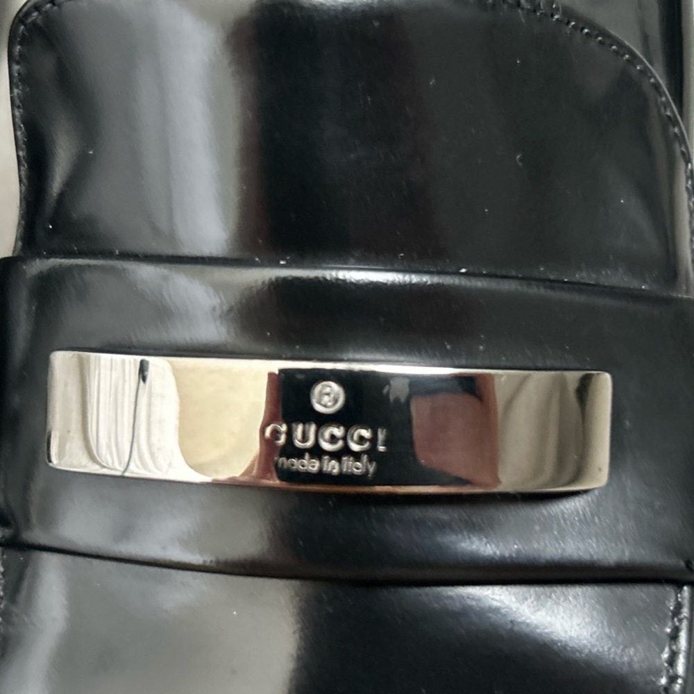 Gucci Black Leather Block Heel Loafer With Silver Metal Size 37 /US 7 B With Box - Picture 11 of 13